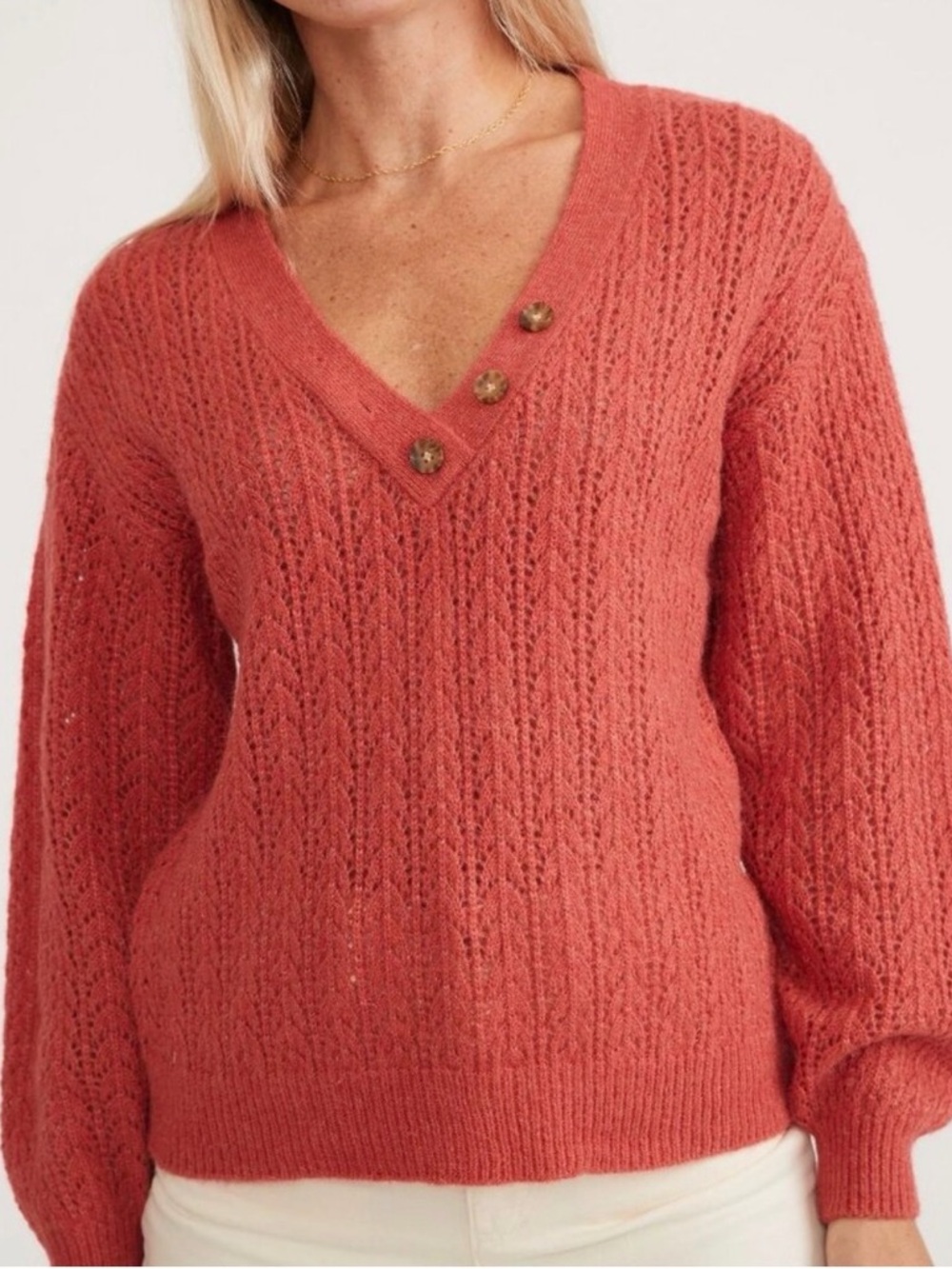 Marine Layer Evelyn‎ Pointelle Knit V-Neck Button Sweater Mineral Red Size XS